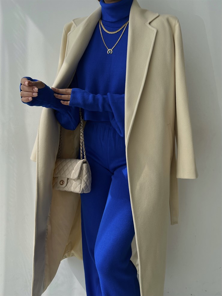 Uzun Beli Kemerli Yanları Cepli Edwin Kadın Taş Kaşe Kaban 23K000074