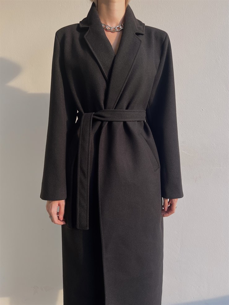 Uzun Beli Kemerli Yanları Cepli Edwin Kadın Siyah Kaşe Kaban 23K000074