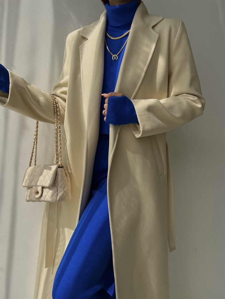 Uzun Beli Kemerli Yanları Cepli Edwin Kadın Taş Kaşe Kaban 23K000074