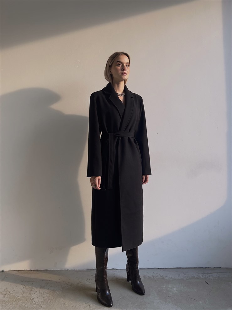 Uzun Beli Kemerli Yanları Cepli Edwin Kadın Siyah Kaşe Kaban 23K000074