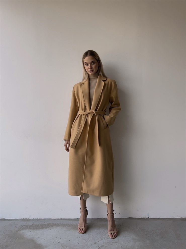 Uzun Beli Kemerli Yanları Cepli Edwin Kadın Camel Kaşe Kaban 23K000074