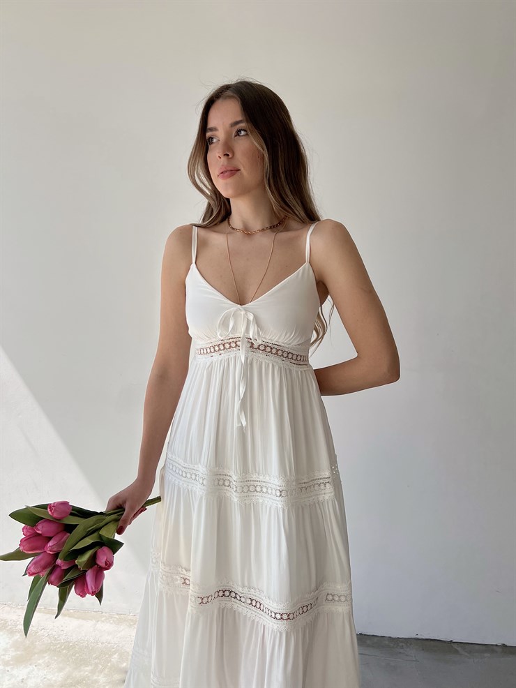 Uzun İnce Askılı Dantel Biye Detay Volanlı Elias Kadın Beyaz Elbise 22Y000272