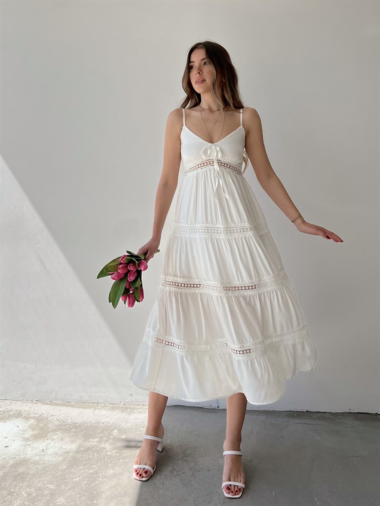 Uzun İnce Askılı Dantel Biye Detay Volanlı Elias Kadın Beyaz Elbise 22Y000272