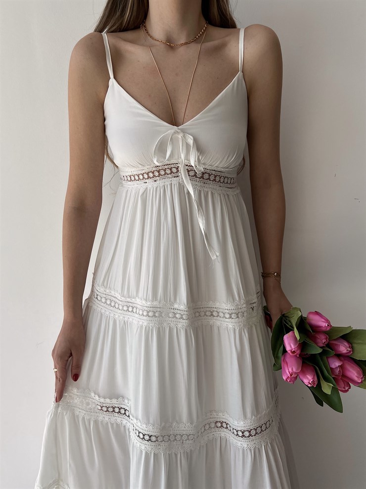 Uzun İnce Askılı Dantel Biye Detay Volanlı Elias Kadın Beyaz Elbise 22Y000272