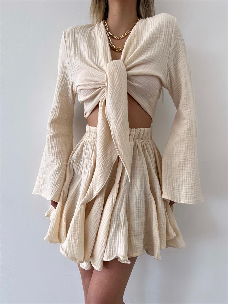 Uzun Kol Bağlamalı Crop Beli Lastikli Volanlı Etek Aryen Kadın Taş Keten Takım 23Y000230