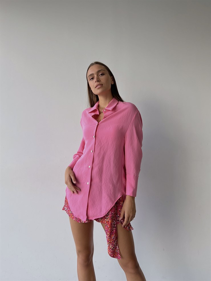 Uzun Kol Geniş Manşet Detaylı Ceria Kadın Pembe Boyfriend Gömlek 22Y000509