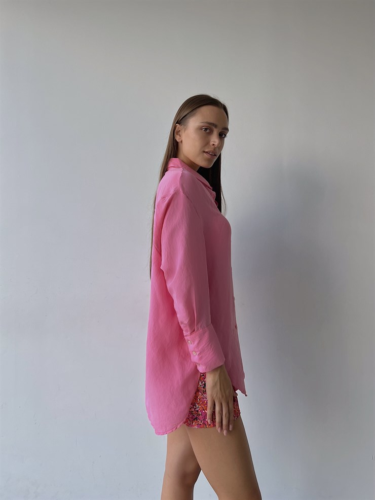 Uzun Kol Geniş Manşet Detaylı Ceria Kadın Pembe Boyfriend Gömlek 22Y000509