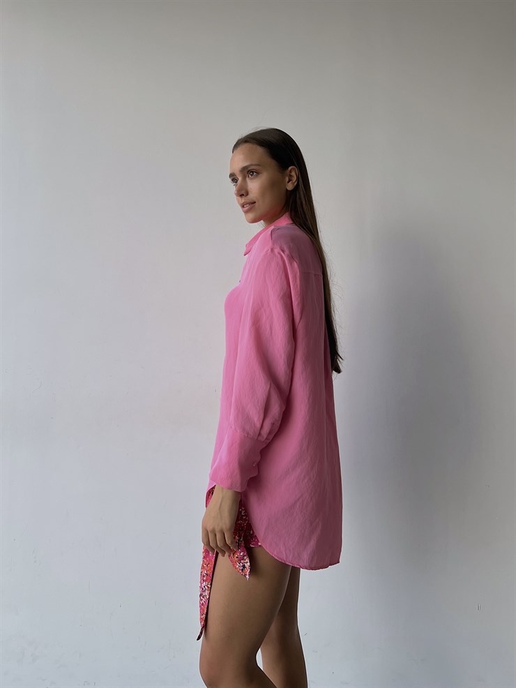 Uzun Kol Geniş Manşet Detaylı Ceria Kadın Pembe Boyfriend Gömlek 22Y000509