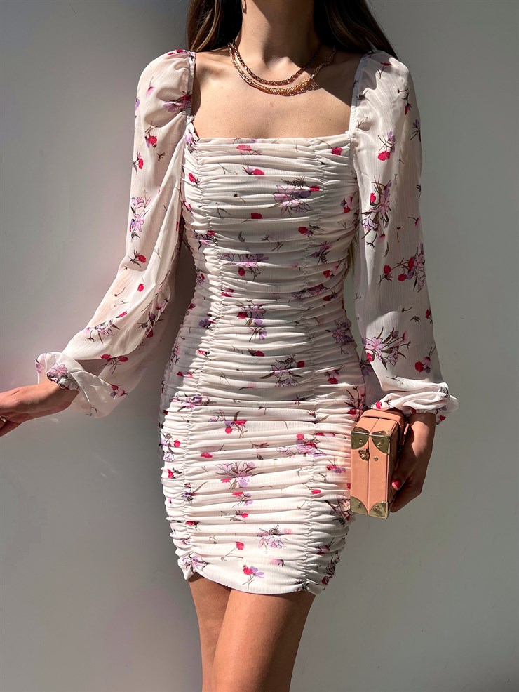 Uzun Kol Gipeli Çiçek Desenli Drapeli Forrest Kadın Ekru Mini Elbise 22Y000273