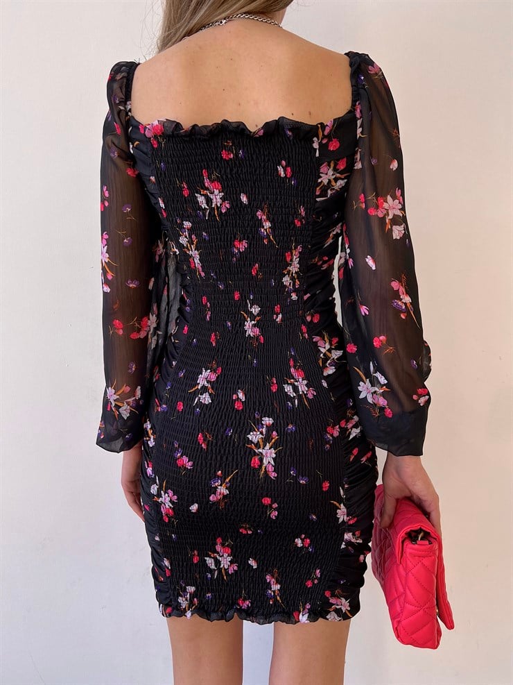 Uzun Kol Gipeli Çiçek Desenli Drapeli Forrest Kadın Siyah Mini Elbise 22Y000273