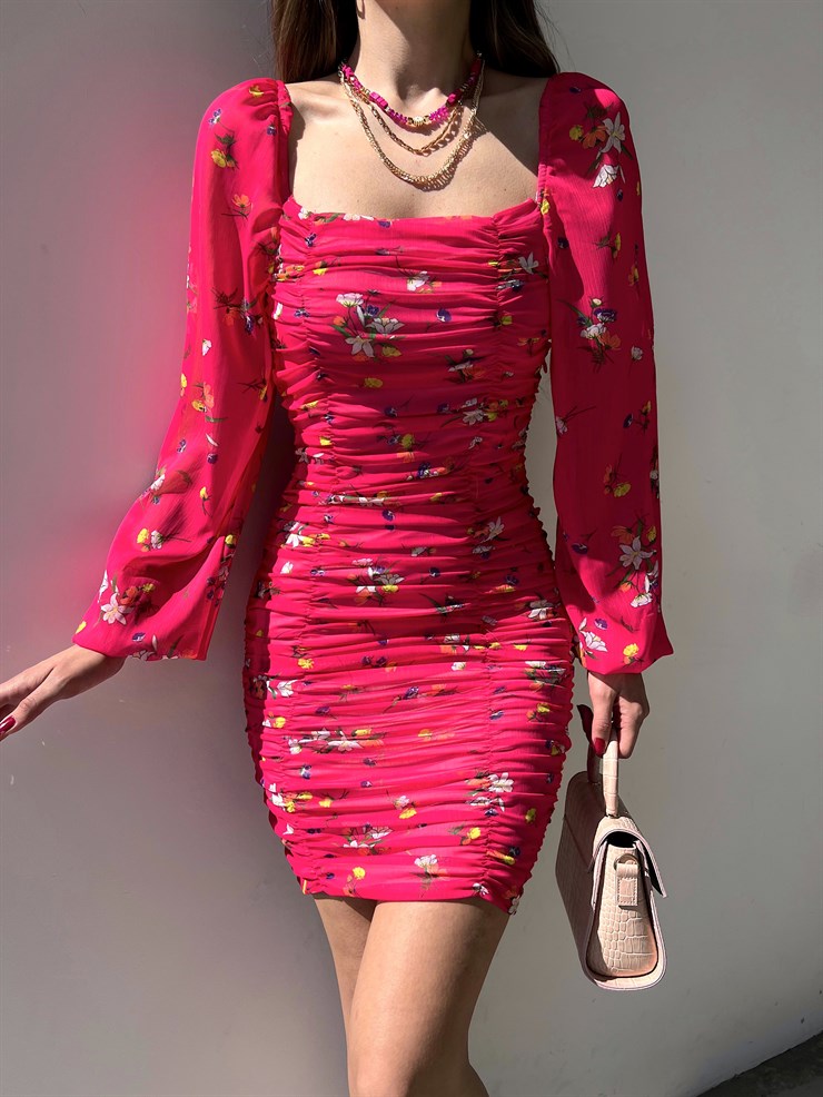 Uzun Kol Gipeli Çiçek Desenli Drapeli Forrest Kadın Pembe Mini Elbise 22Y000273