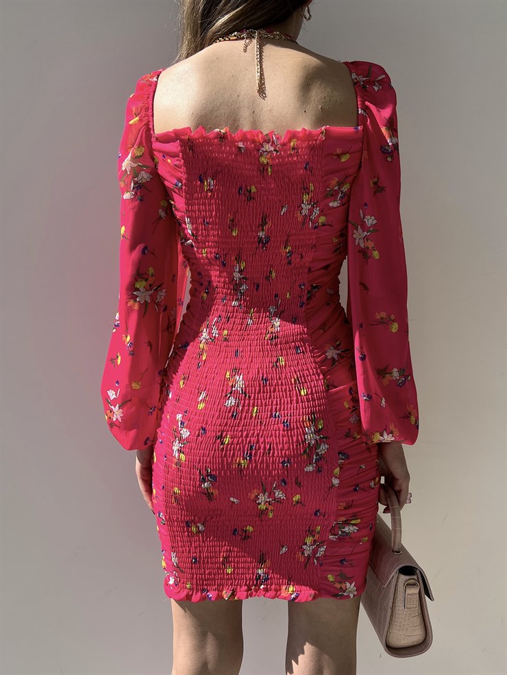 Uzun Kol Gipeli Çiçek Desenli Drapeli Forrest Kadın Pembe Mini Elbise 22Y000273