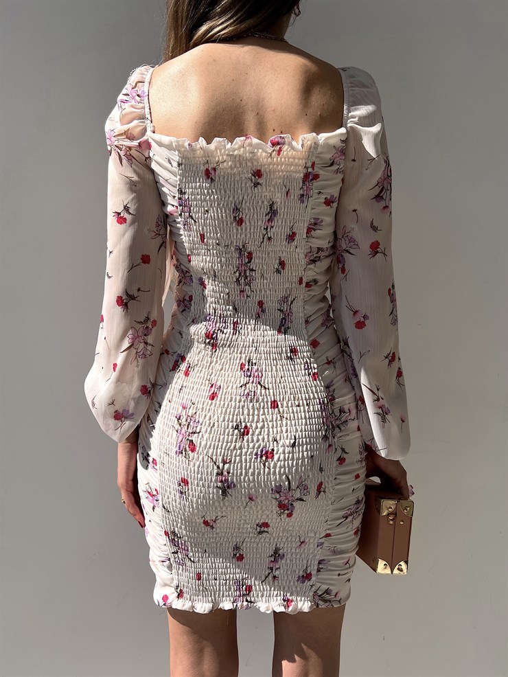 Uzun Kol Gipeli Çiçek Desenli Drapeli Forrest Kadın Ekru Mini Elbise 22Y000273