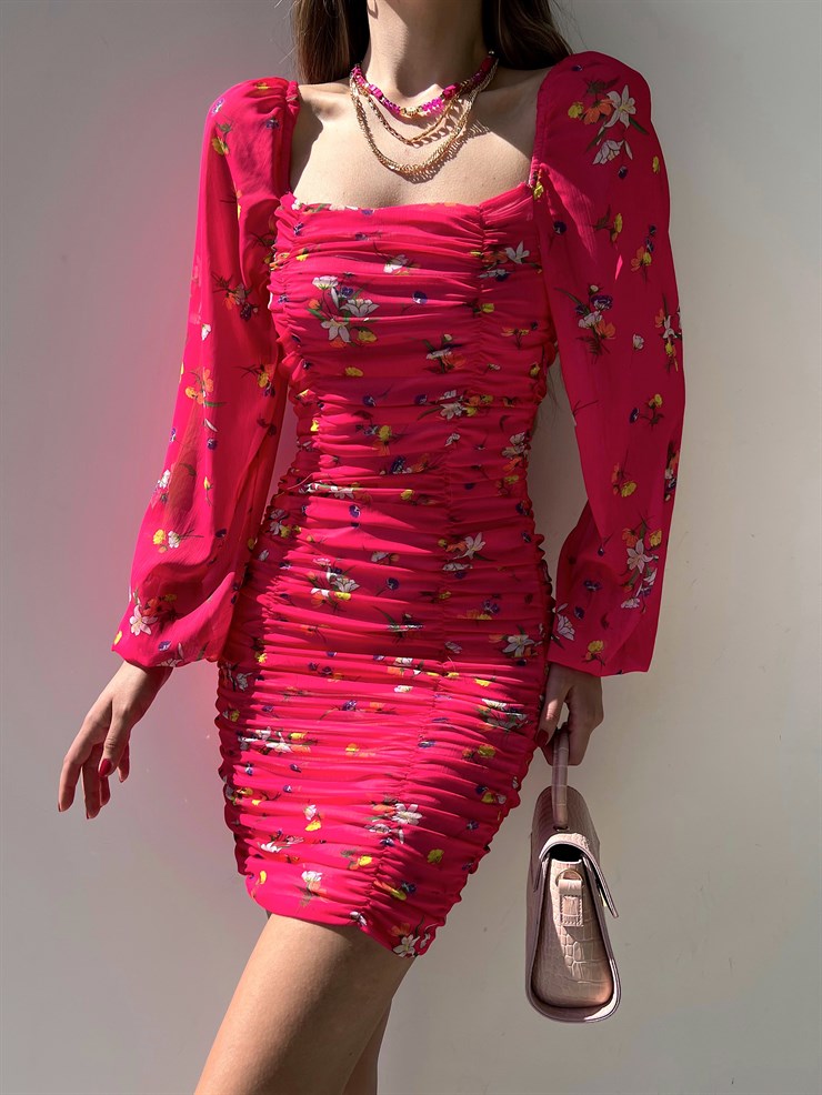 Uzun Kol Gipeli Çiçek Desenli Drapeli Forrest Kadın Pembe Mini Elbise 22Y000273