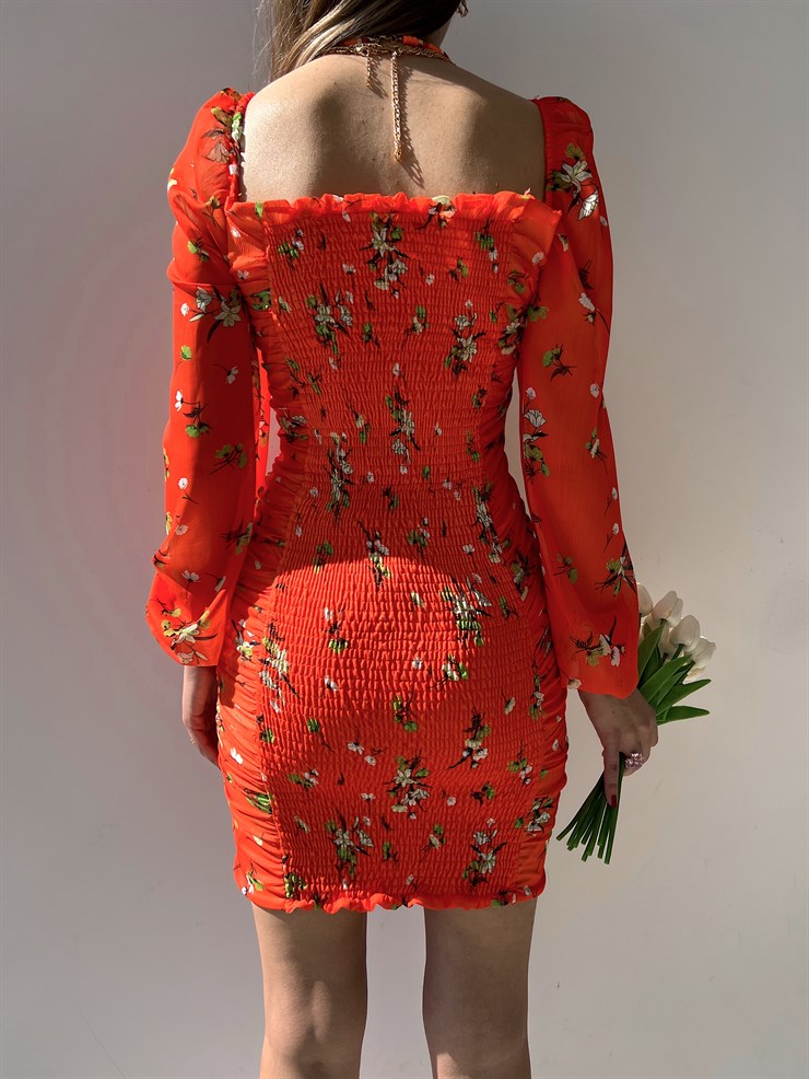 Uzun Kol Gipeli Çiçek Desenli Drapeli Forrest Kadın Turuncu Mini Elbise 22Y000273