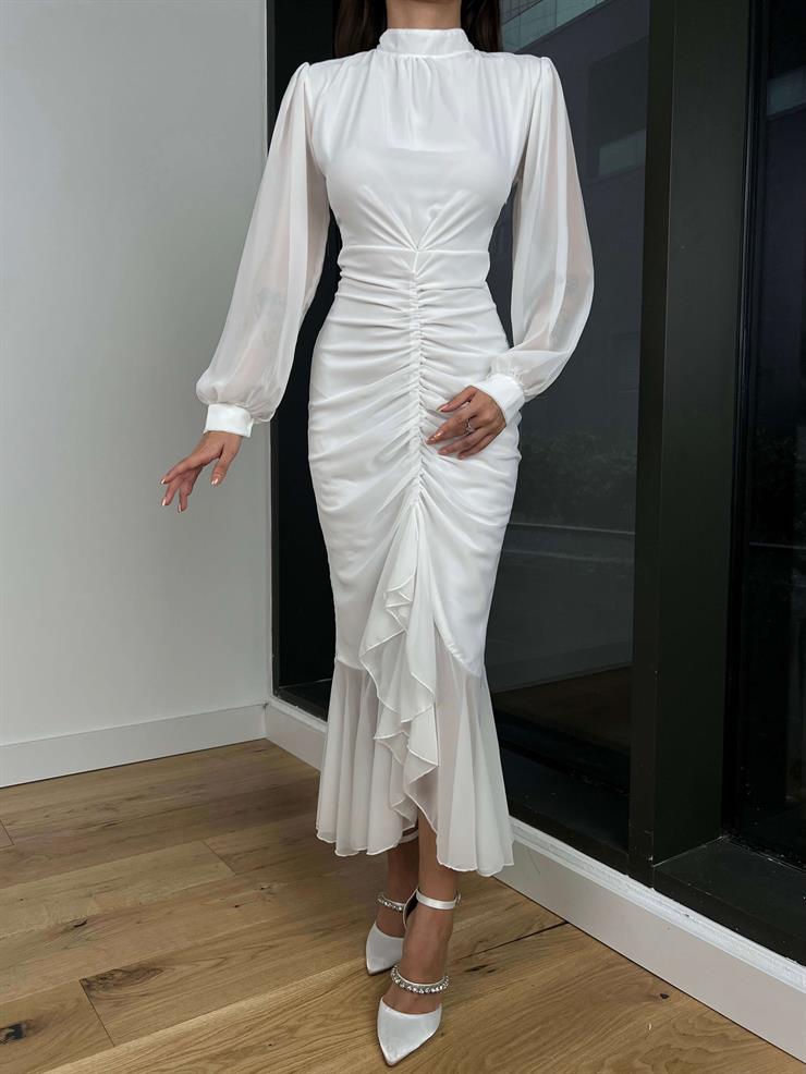 Uzun Kol Önü Büzgü Detaylı Yarım Boğazlı Olenka Kadın Beyaz Elbise 23Y000620