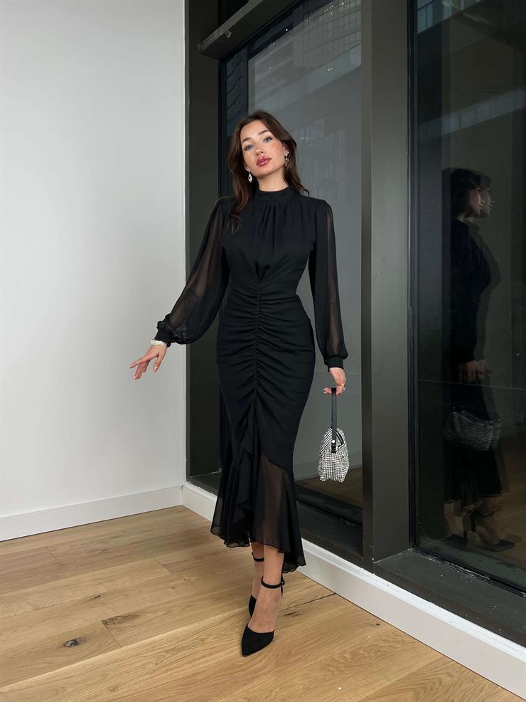 Uzun Kol Önü Büzgü Detaylı Yarım Boğazlı Olenka Kadın Siyah Elbise 23Y000620