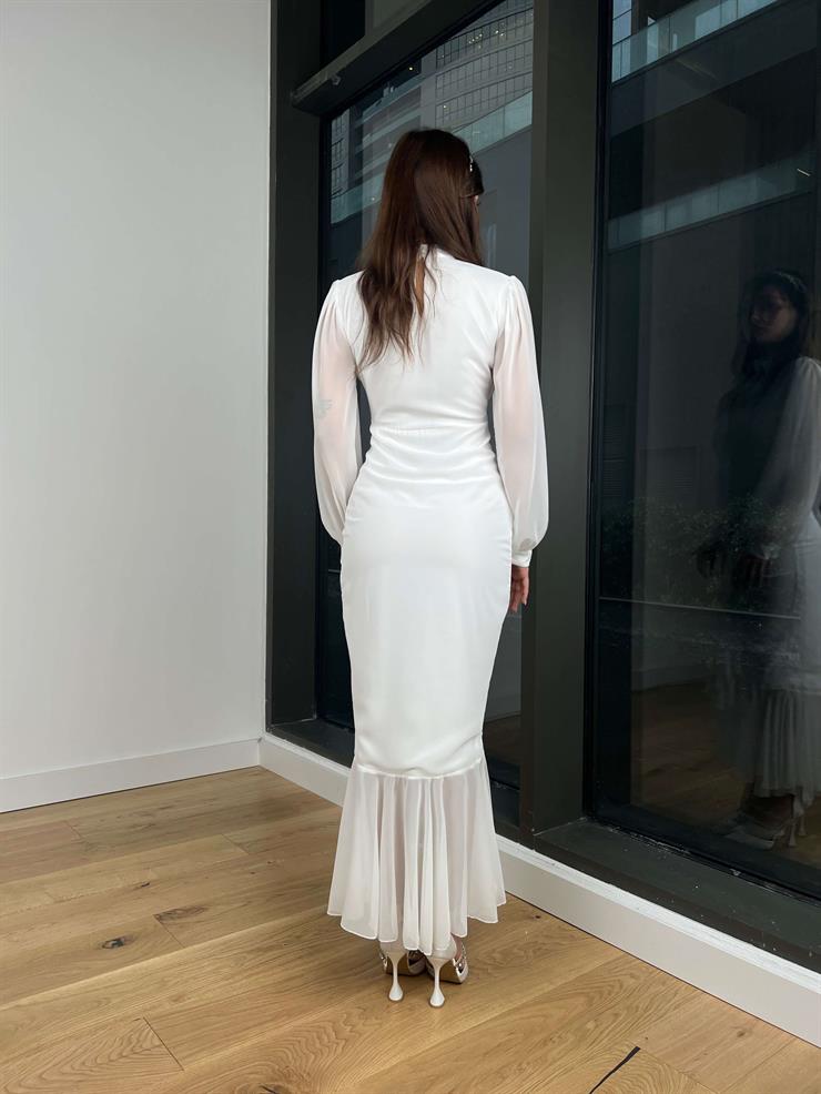 Uzun Kol Önü Büzgü Detaylı Yarım Boğazlı Olenka Kadın Beyaz Elbise 23Y000620