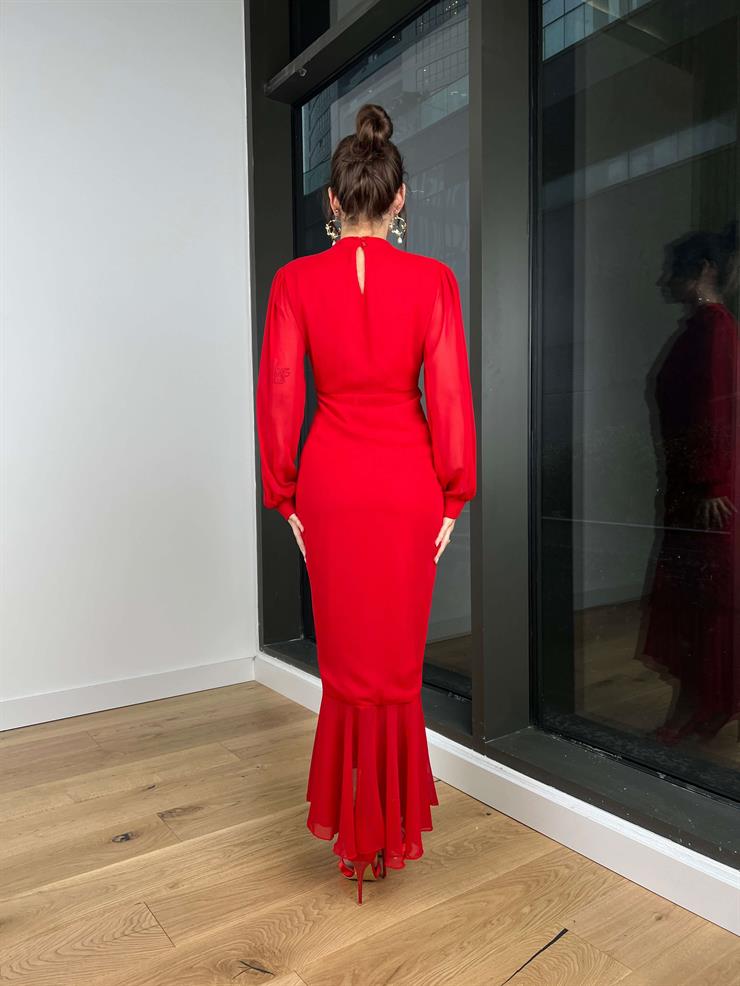 Uzun Kol Önü Büzgü Detaylı Yarım Boğazlı Olenka Kadın Kırmızı Elbise 23Y000620