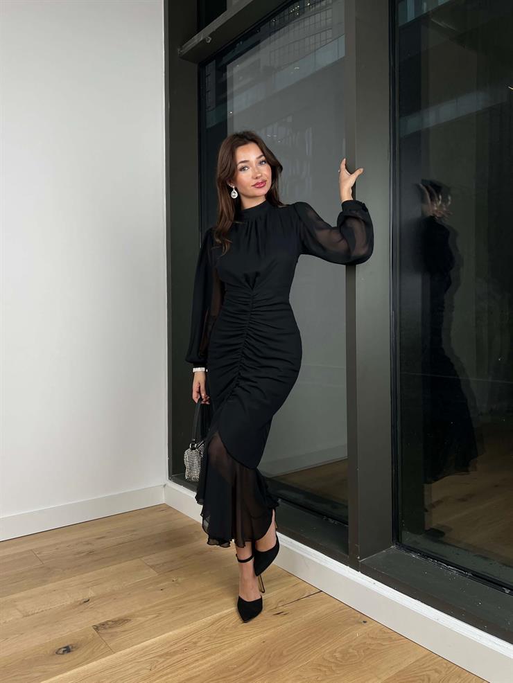 Uzun Kol Önü Büzgü Detaylı Yarım Boğazlı Olenka Kadın Siyah Elbise 23Y000620
