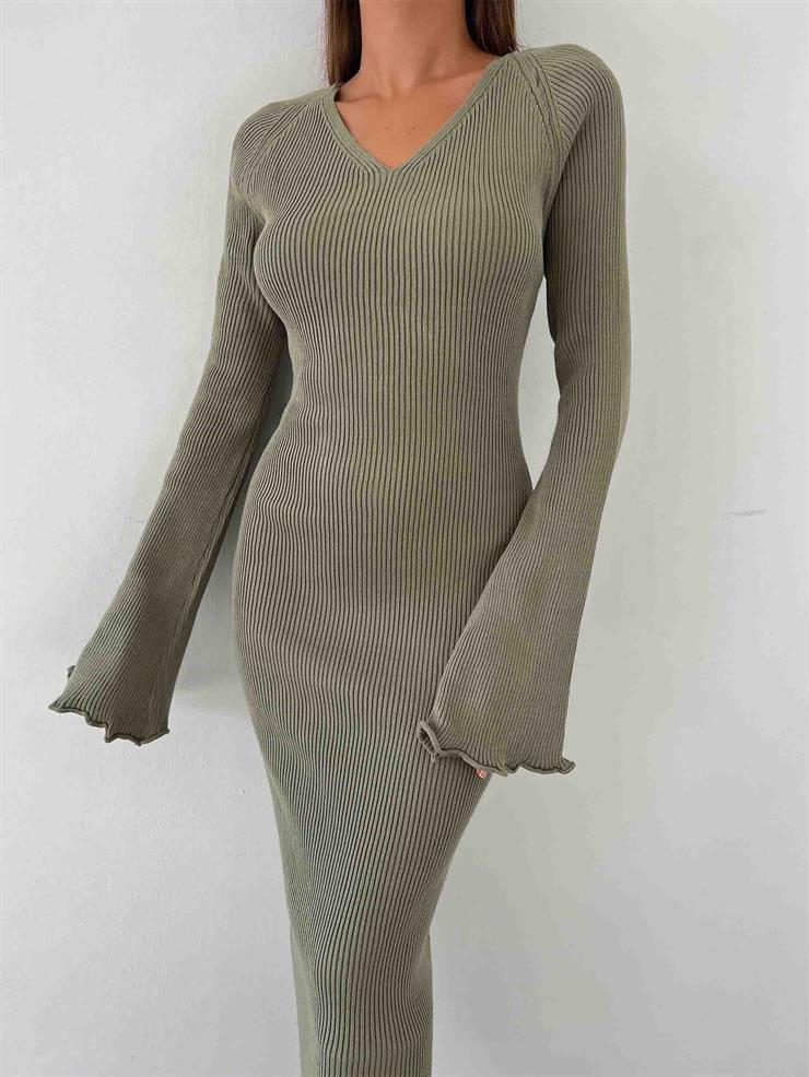 Uzun Kol V yaka Arkası Çapraz Bağlama Detaylı Pavipv Kadın Haki Triko Elbise 23K000462