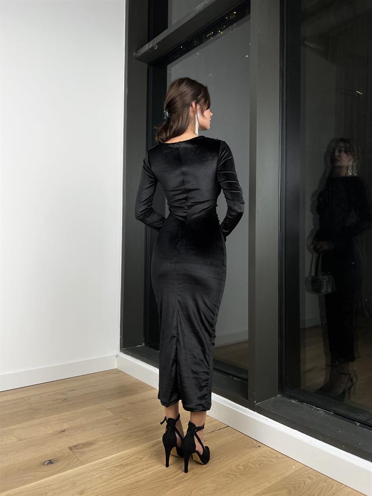 Uzun Kollu Drape Detaylı Malenkov Kadın Siyah Kadife Elbise 24k301