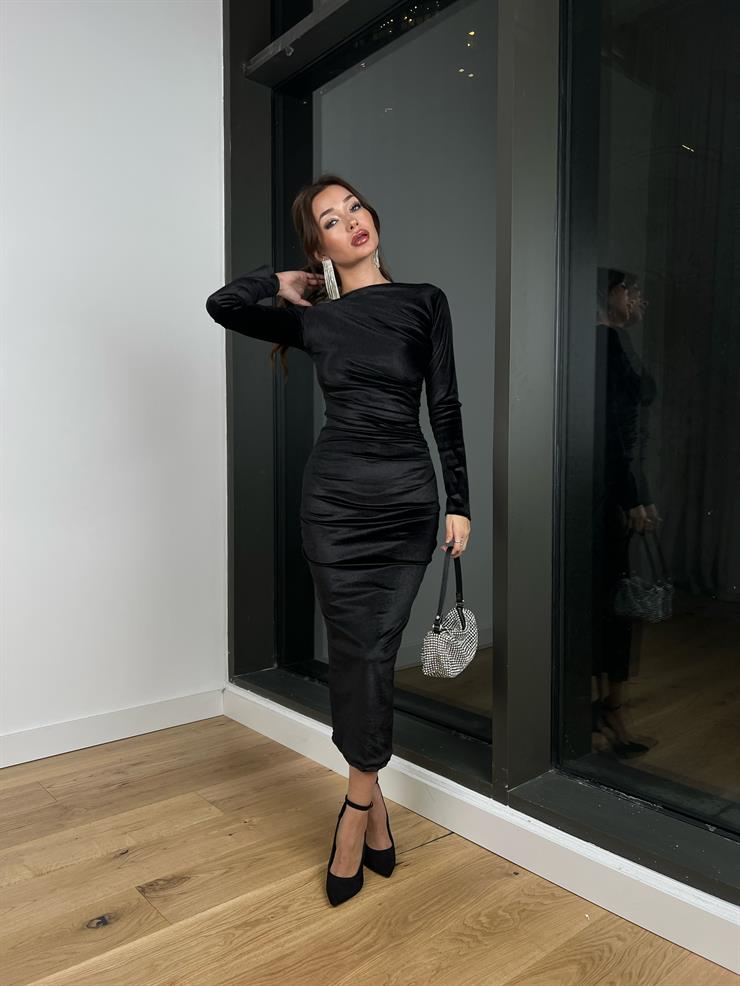 Uzun Kollu Drape Detaylı Malenkov Kadın Siyah Kadife Elbise 24k301