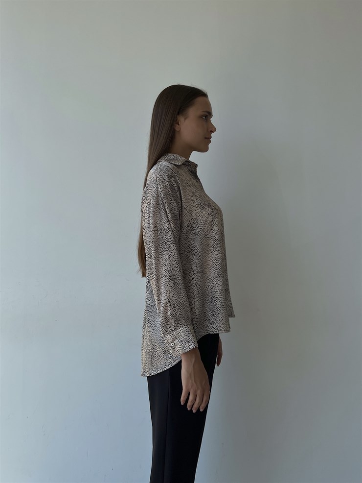 Uzun Kollu Düğme Kapamalı Önü Kısa Arkası Uzun Leopar Desenli Kadın Caterina Gömlek 22Y000511