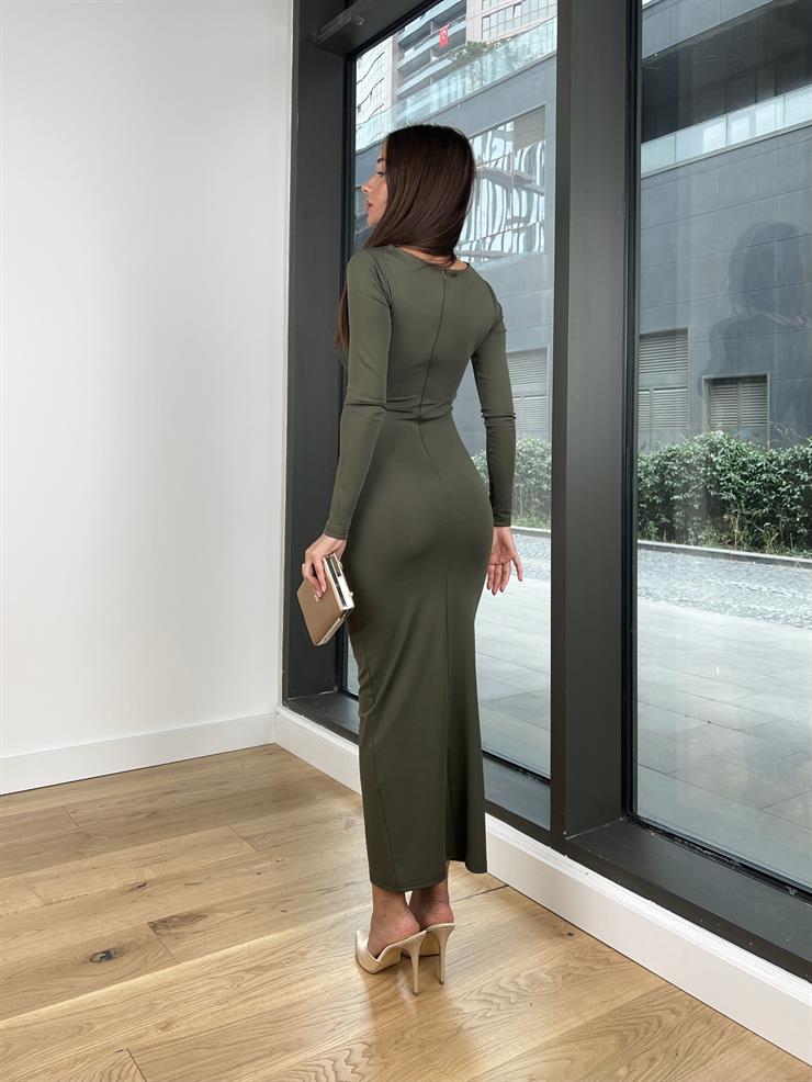 Uzun Kollu Göğüs Ve Bel Kısmı Drape Detaylı Dedha Kadın Haki Elbise 24k000068