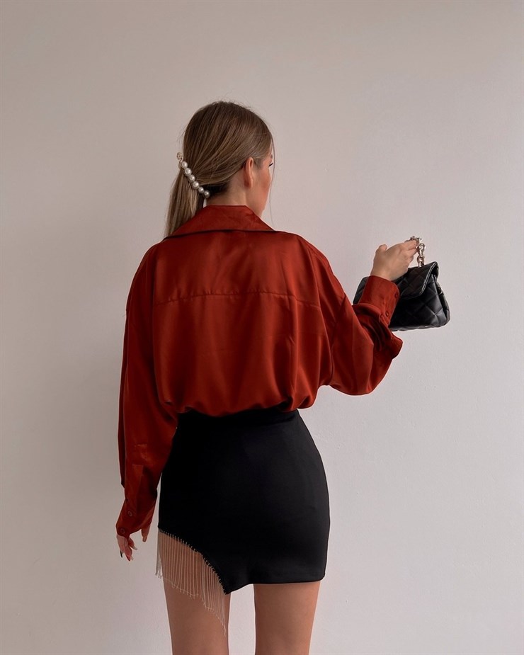 Uzun Kollu Saten Oversize Kadın Kiremit Gömlek 22K000281