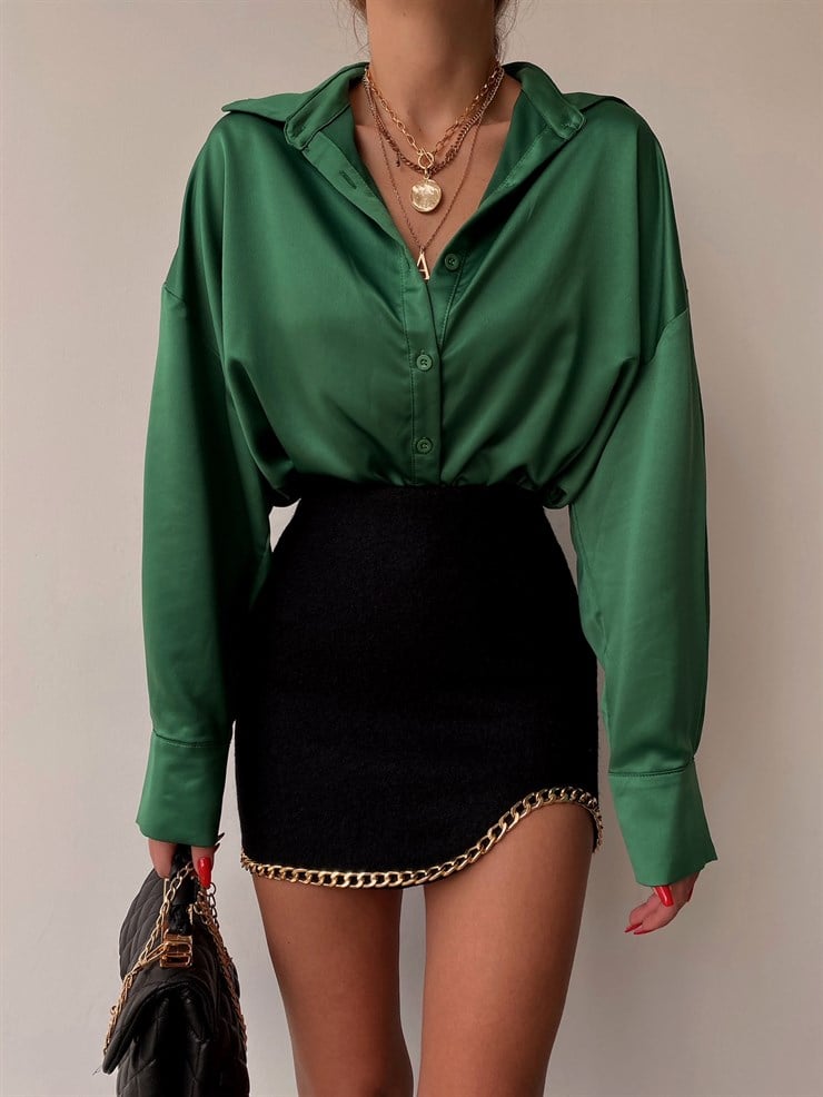 Uzun Kollu Saten Oversize Kadın Zümrüt Gömlek 22K000281