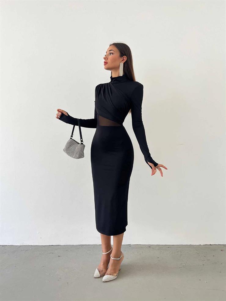 Uzun Kollu Yarım Boğazlı Göğüs Kısmı Drape Detaylı Beli Transparan Vladya Kadın Siyah Midi Elbise 23K000486