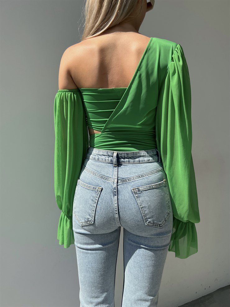 Uzun Şifon Kol Tek Omuz Vatkalı Bel Ve Omuz Dekolteli Vespa Kadın Yeşil Bodysuit 22Y000446