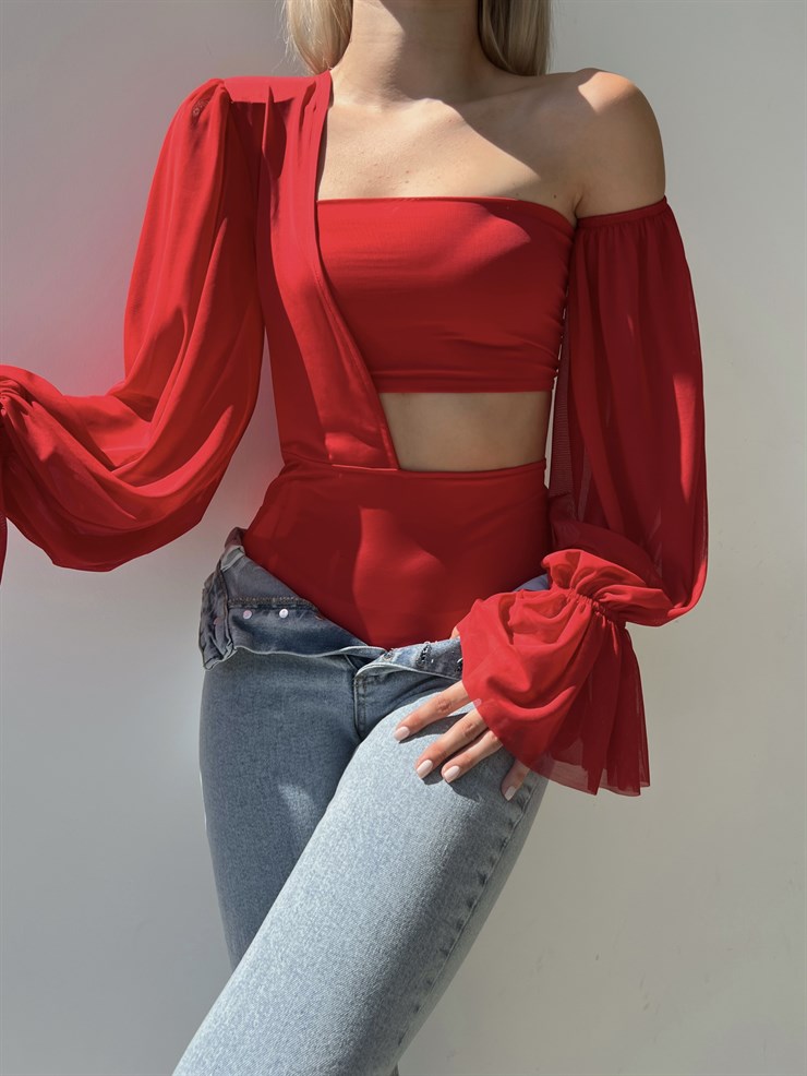 Uzun Şifon Kol Tek Omuz Vatkalı Bel Ve Omuz Dekolteli Vespa Kadın Kırmızı Bodysuit 22Y000446