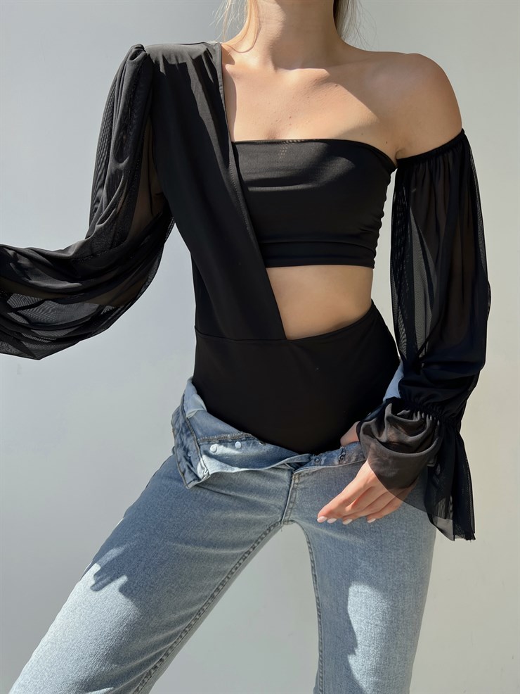 Uzun Şifon Kol Tek Omuz Vatkalı Bel Ve Omuz Dekolteli Vespa Kadın Siyah Bodysuit 22Y000446