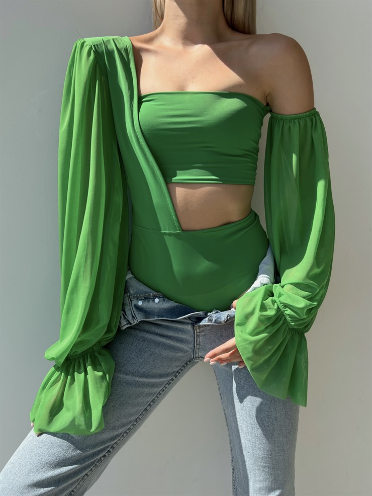 Uzun Şifon Kol Tek Omuz Vatkalı Bel Ve Omuz Dekolteli Vespa Kadın Yeşil Bodysuit 22Y000446