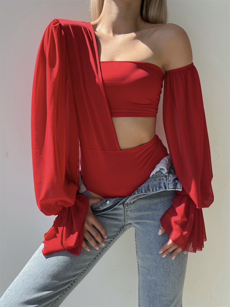 Uzun Şifon Kol Tek Omuz Vatkalı Bel Ve Omuz Dekolteli Vespa Kadın Kırmızı Bodysuit 22Y000446