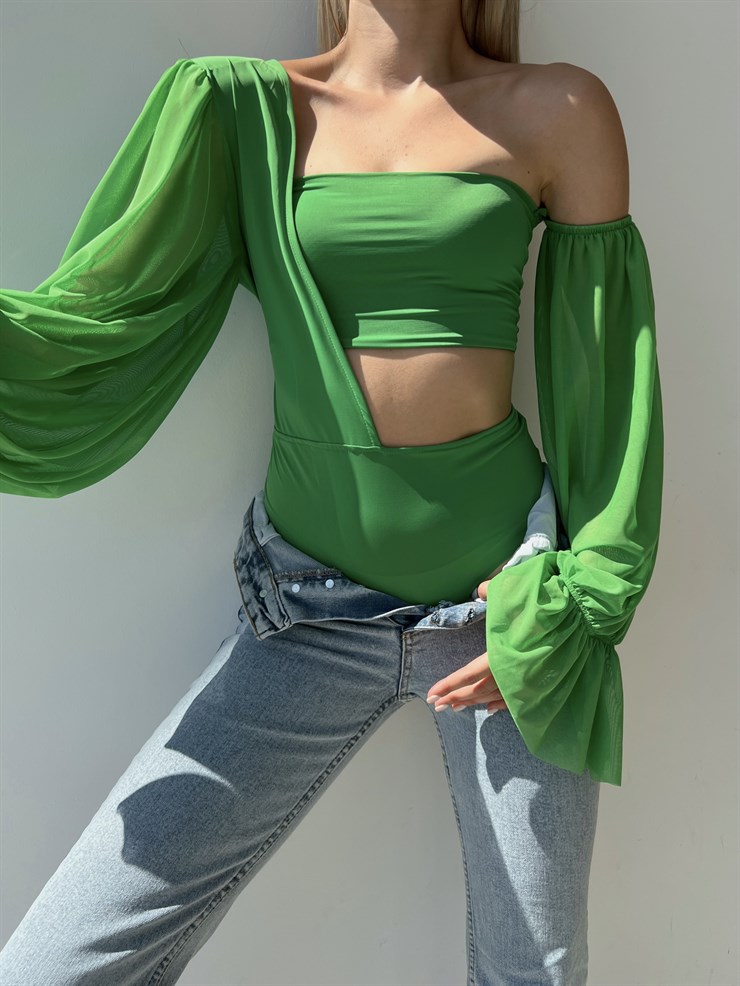 Uzun Şifon Kol Tek Omuz Vatkalı Bel Ve Omuz Dekolteli Vespa Kadın Yeşil Bodysuit 22Y000446