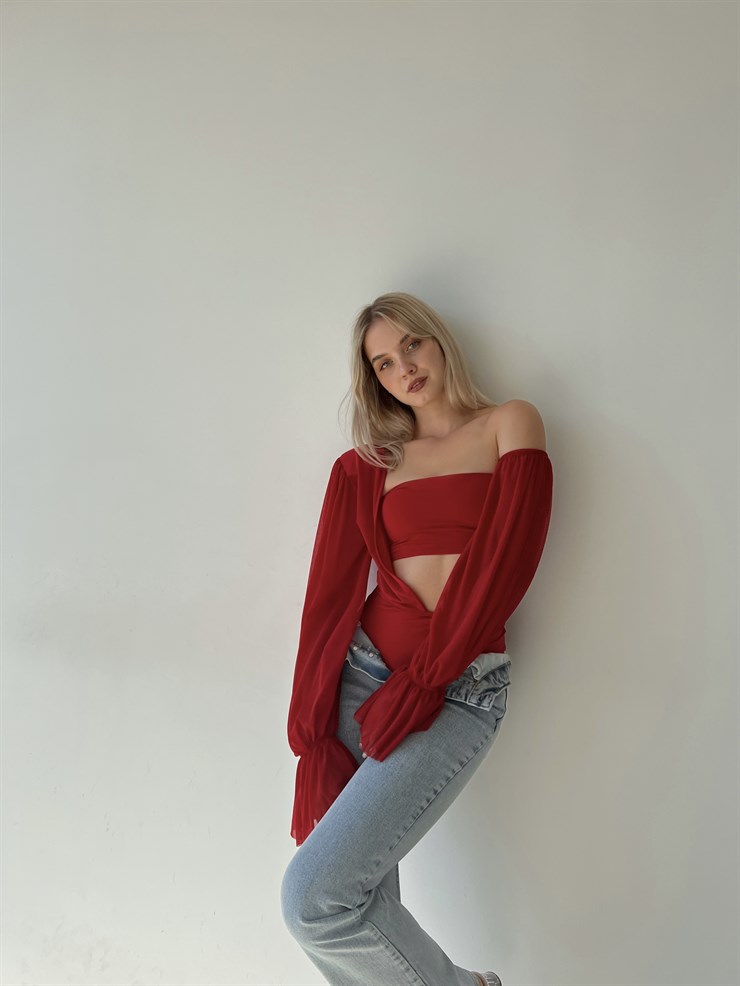Uzun Şifon Kol Tek Omuz Vatkalı Bel Ve Omuz Dekolteli Vespa Kadın Kırmızı Bodysuit 22Y000446