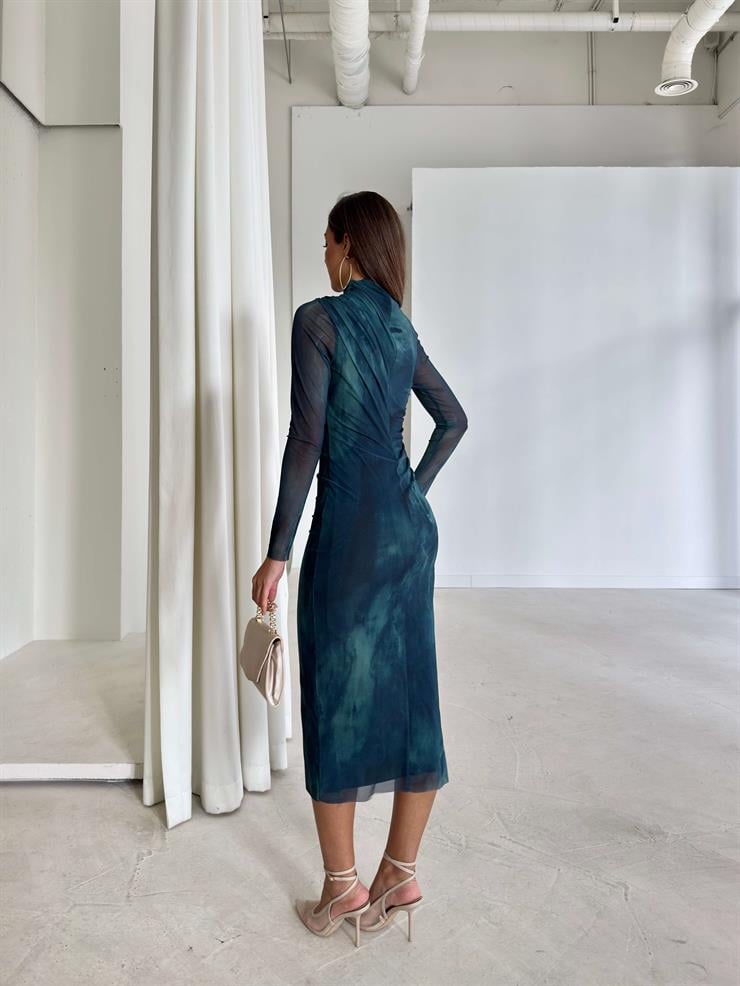 Uzun Tül Kol Drape Detaylı Colin Kadın Petrol Yeşili Midi Elbise 24k369