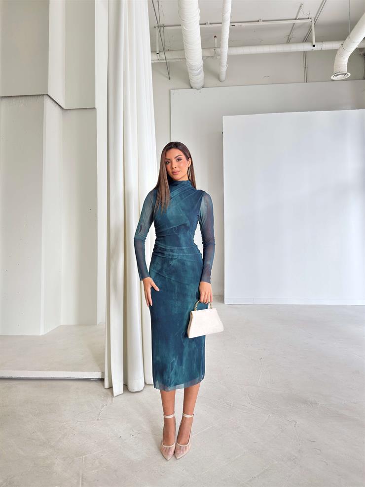 Uzun Tül Kol Drape Detaylı Colin Kadın Petrol Yeşili Midi Elbise 24k369