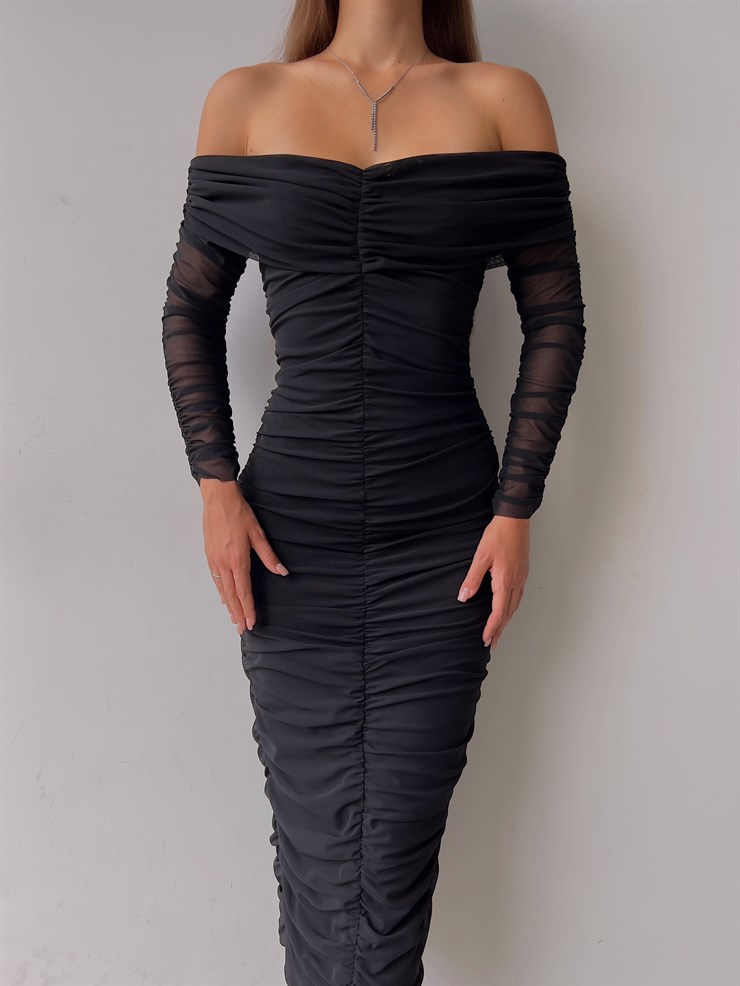 Uzun Tül Kol Düşük Omuz Drapeli Adson Kadın Siyah Midi Boy Elbise 23K000121