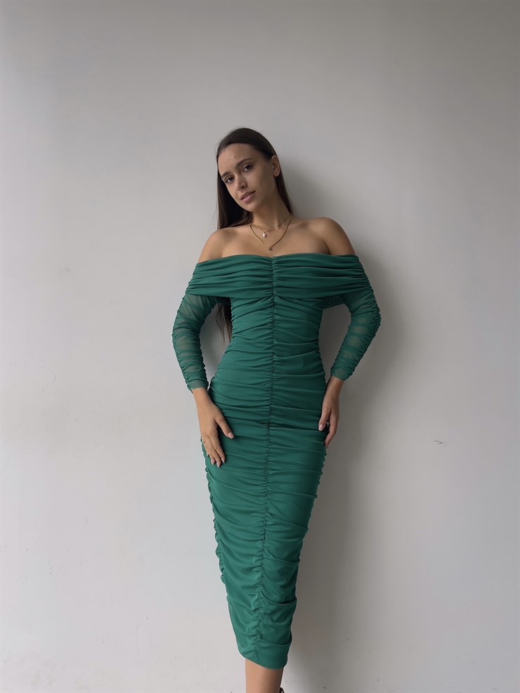 Uzun Tül Kol Düşük Omuz Drapeli Adson Kadın Yeşil Midi Boy Elbise 23K000121