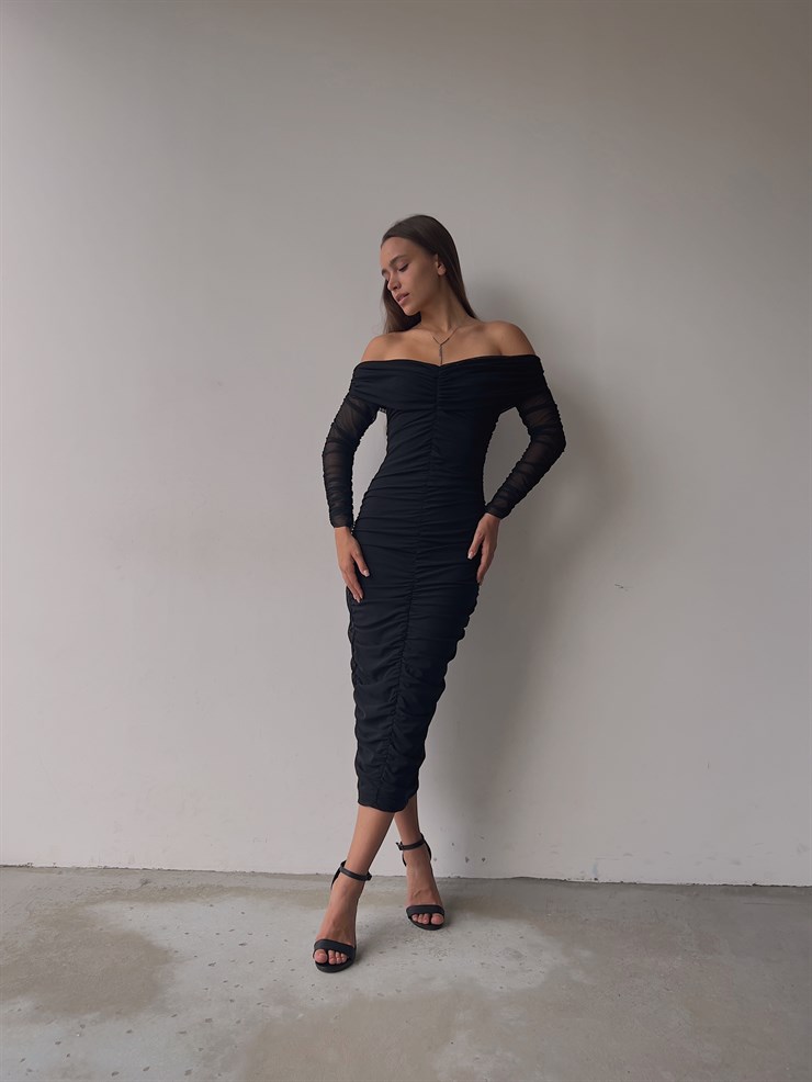 Uzun Tül Kol Düşük Omuz Drapeli Adson Kadın Siyah Midi Boy Elbise 23K000121