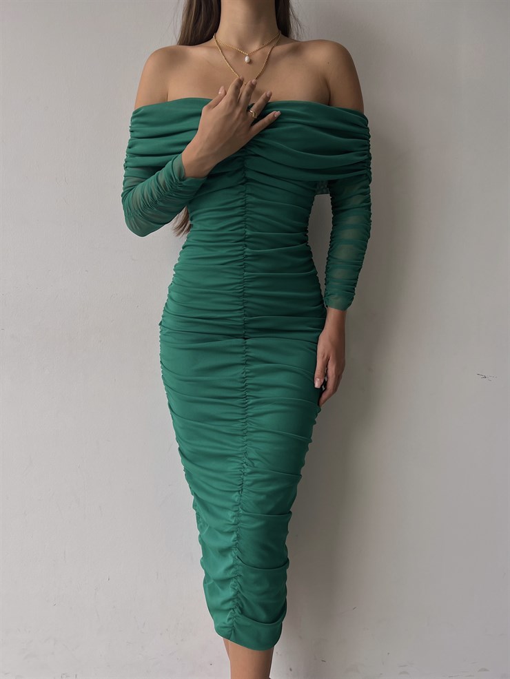 Uzun Tül Kol Düşük Omuz Drapeli Adson Kadın Yeşil Midi Boy Elbise 23K000121