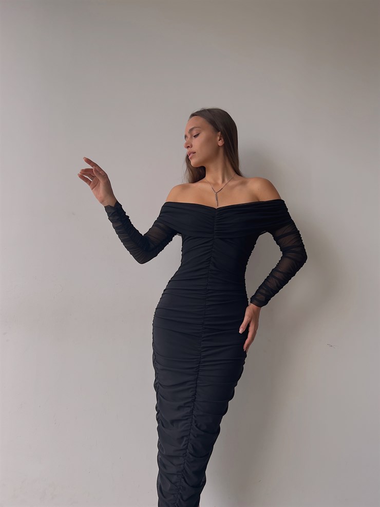 Uzun Tül Kol Düşük Omuz Drapeli Adson Kadın Siyah Midi Boy Elbise 23K000121