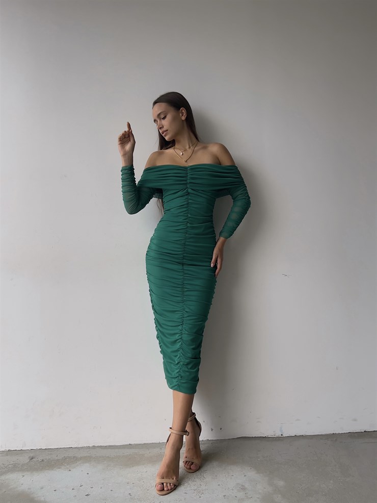 Uzun Tül Kol Düşük Omuz Drapeli Adson Kadın Yeşil Midi Boy Elbise 23K000121