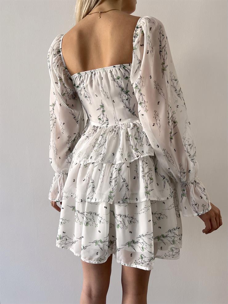 Uzun Tül Kol Önü Bağcık Detaylı Eteği Katlı Salve Kadın Çiçekli Yeşil Mini Elbise 23Y000361