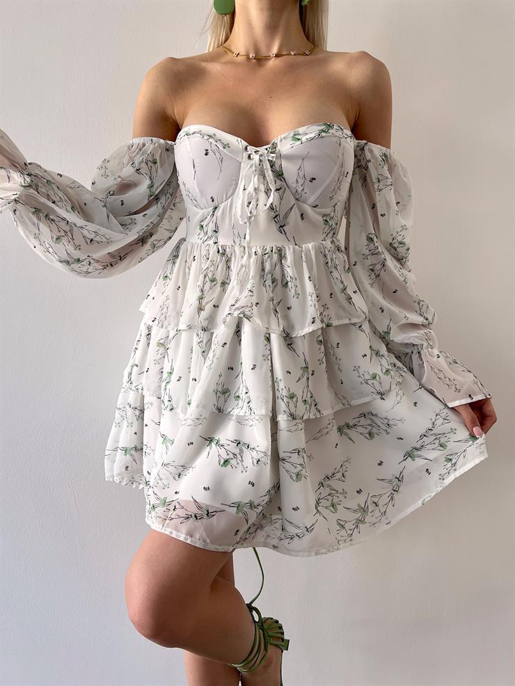 Uzun Tül Kol Önü Bağcık Detaylı Eteği Katlı Salve Kadın Çiçekli Yeşil Mini Elbise 23Y000361