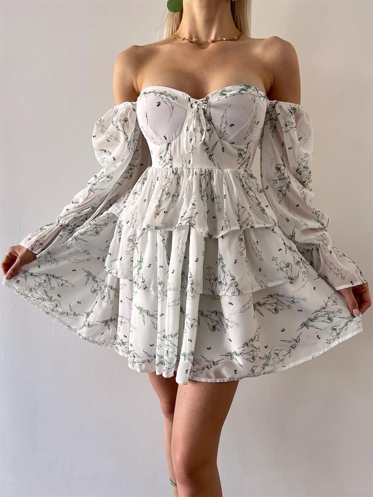 Uzun Tül Kol Önü Bağcık Detaylı Eteği Katlı Salve Kadın Çiçekli Yeşil Mini Elbise 23Y000361